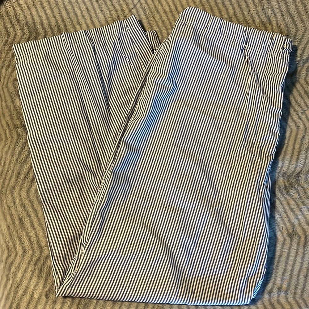 Wide leg blue and white stripe trousers